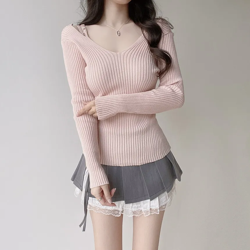 リブオフショルダーストラップ長袖Vネックニット | mirangmirang | 詳細画像19