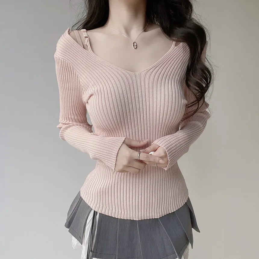 リブオフショルダーストラップ長袖Vネックニット | mirangmirang | 詳細画像20