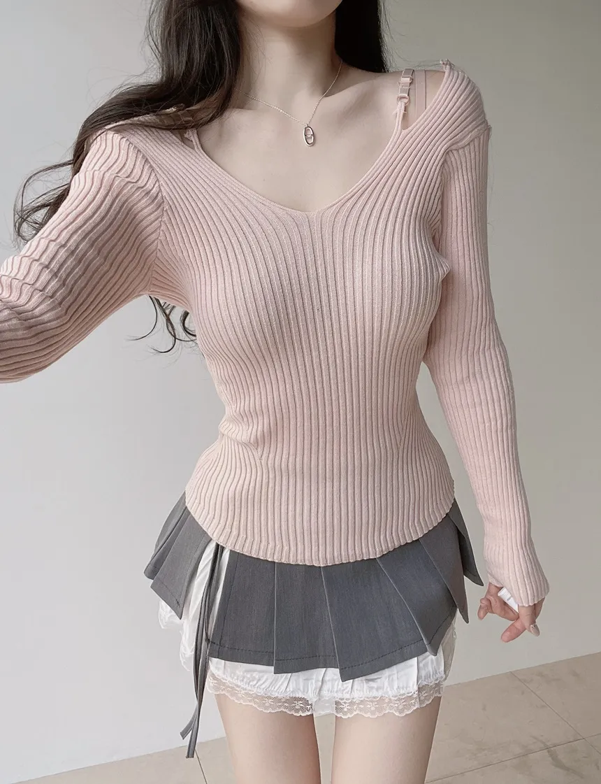 リブオフショルダーストラップ長袖Vネックニット | mirangmirang | 詳細画像21