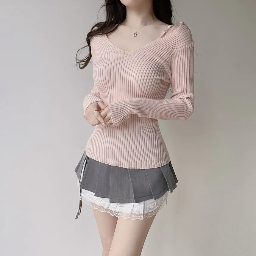 リブオフショルダーストラップ長袖Vネックニット | mirangmirang | 詳細画像22