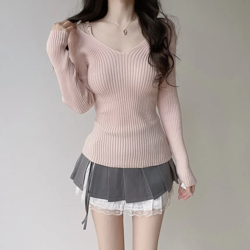 リブオフショルダーストラップ長袖Vネックニット | mirangmirang | 詳細画像23