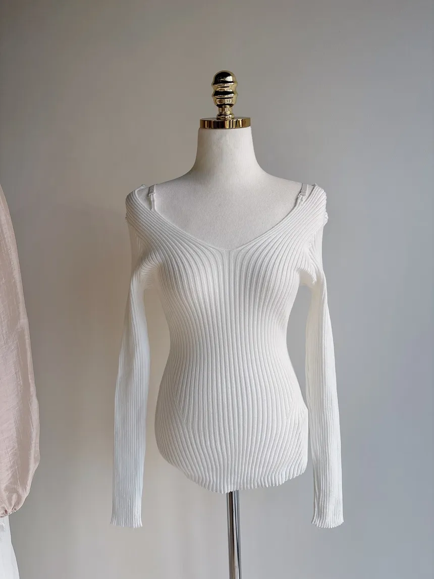 リブオフショルダーストラップ長袖Vネックニット | mirangmirang | 詳細画像33