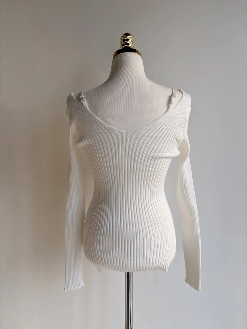 リブオフショルダーストラップ長袖Vネックニット | mirangmirang | 詳細画像34