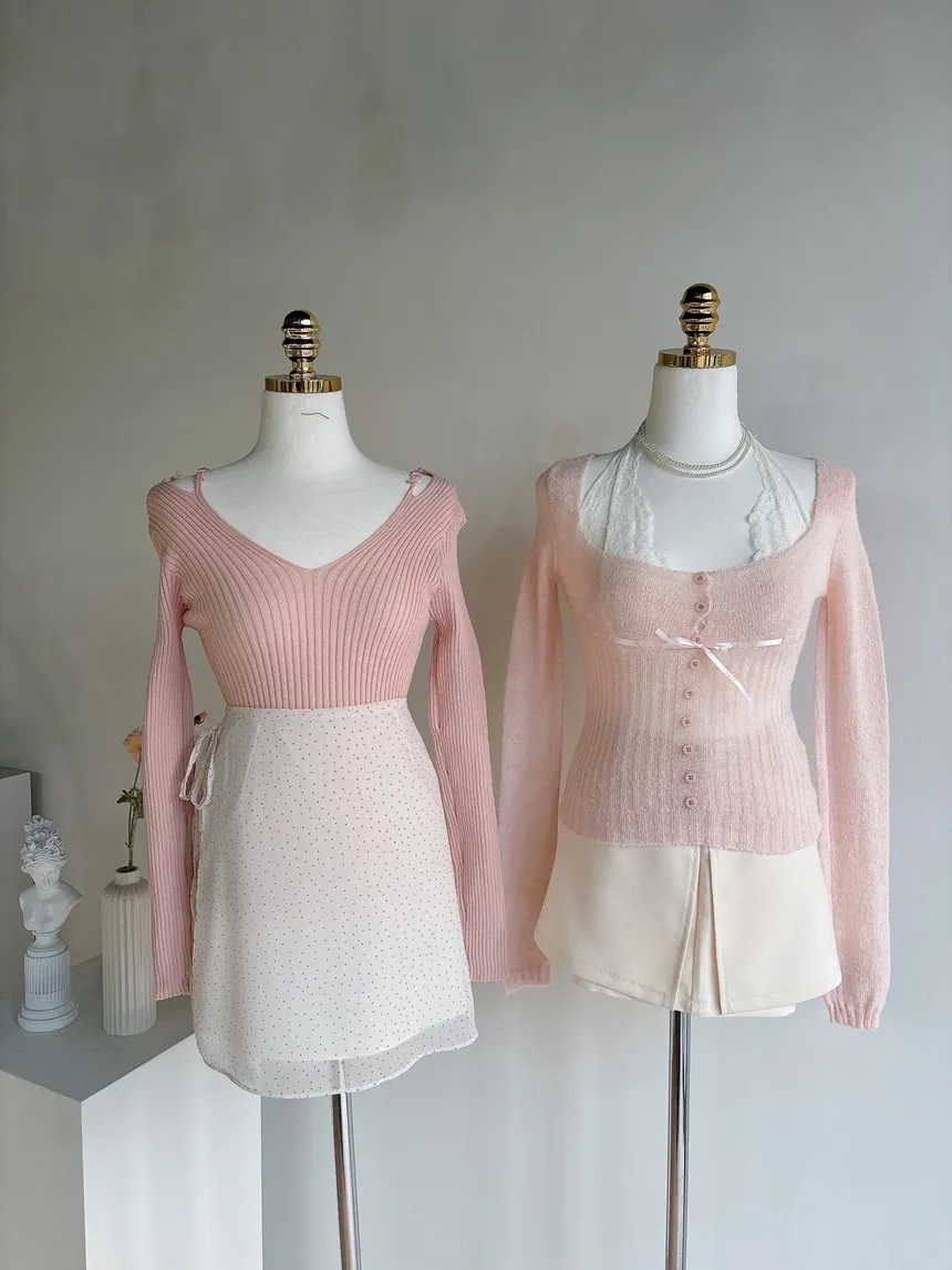 リブオフショルダーストラップ長袖Vネックニット | mirangmirang | 詳細画像36