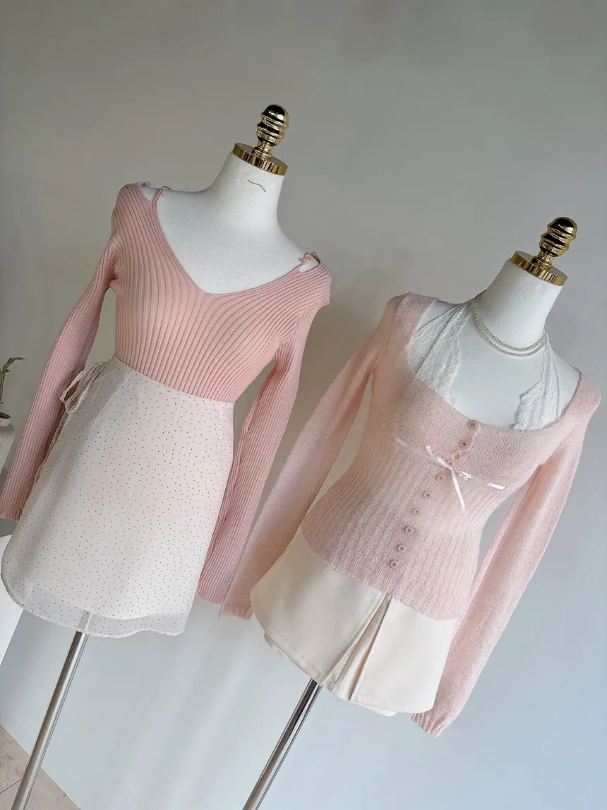 リブオフショルダーストラップ長袖Vネックニット | mirangmirang | 詳細画像37