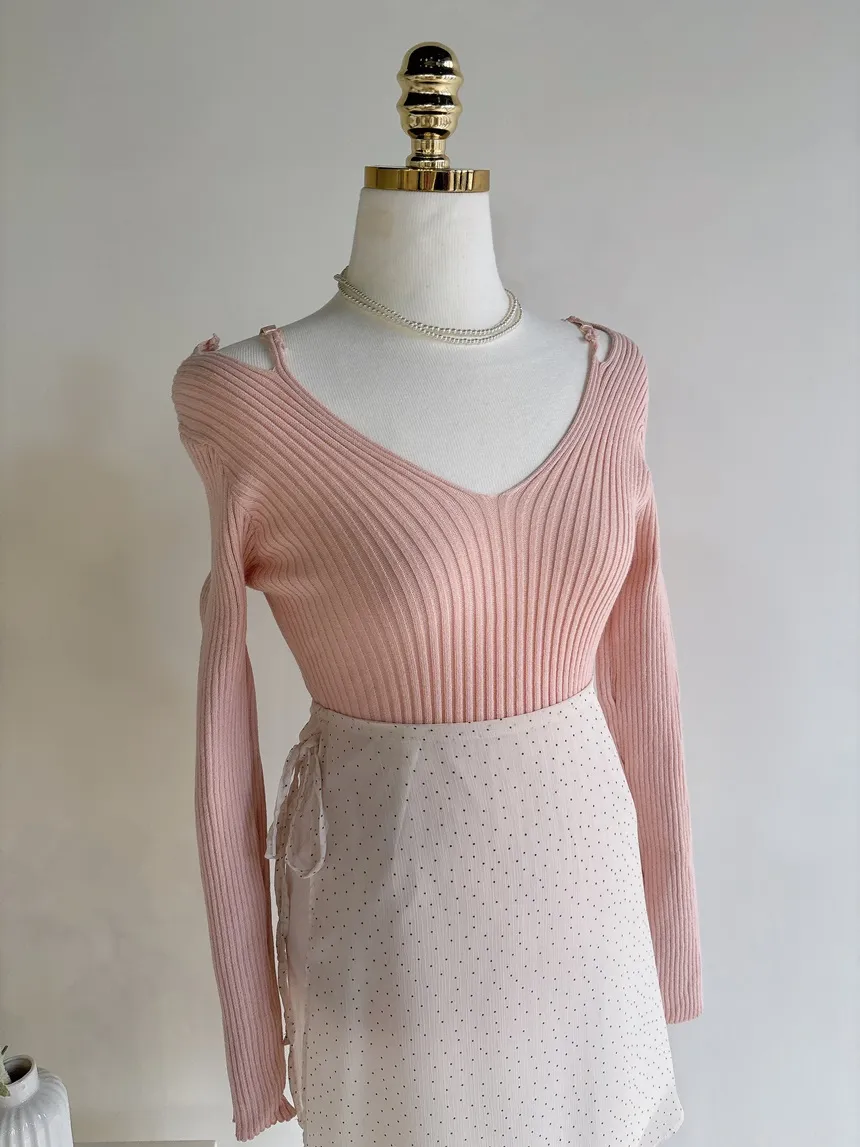 リブオフショルダーストラップ長袖Vネックニット | mirangmirang | 詳細画像39