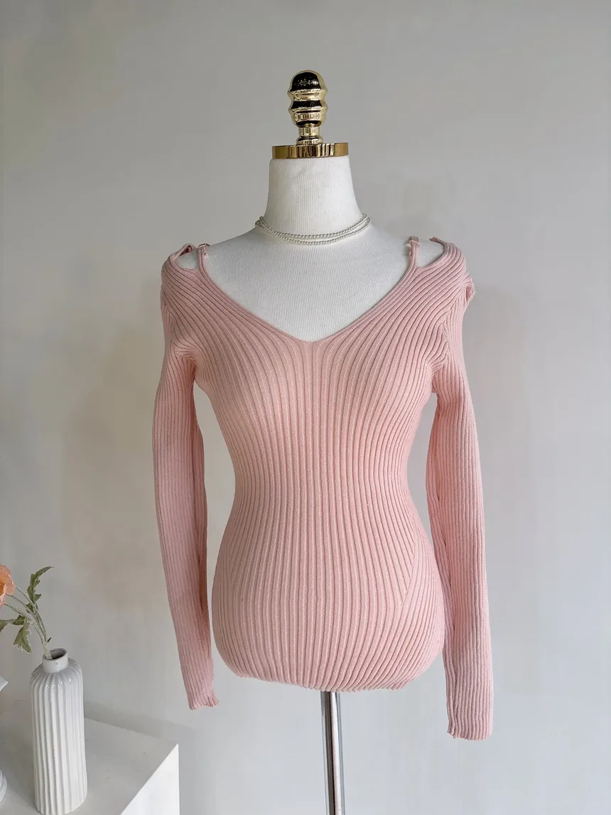 リブオフショルダーストラップ長袖Vネックニット | mirangmirang | 詳細画像43