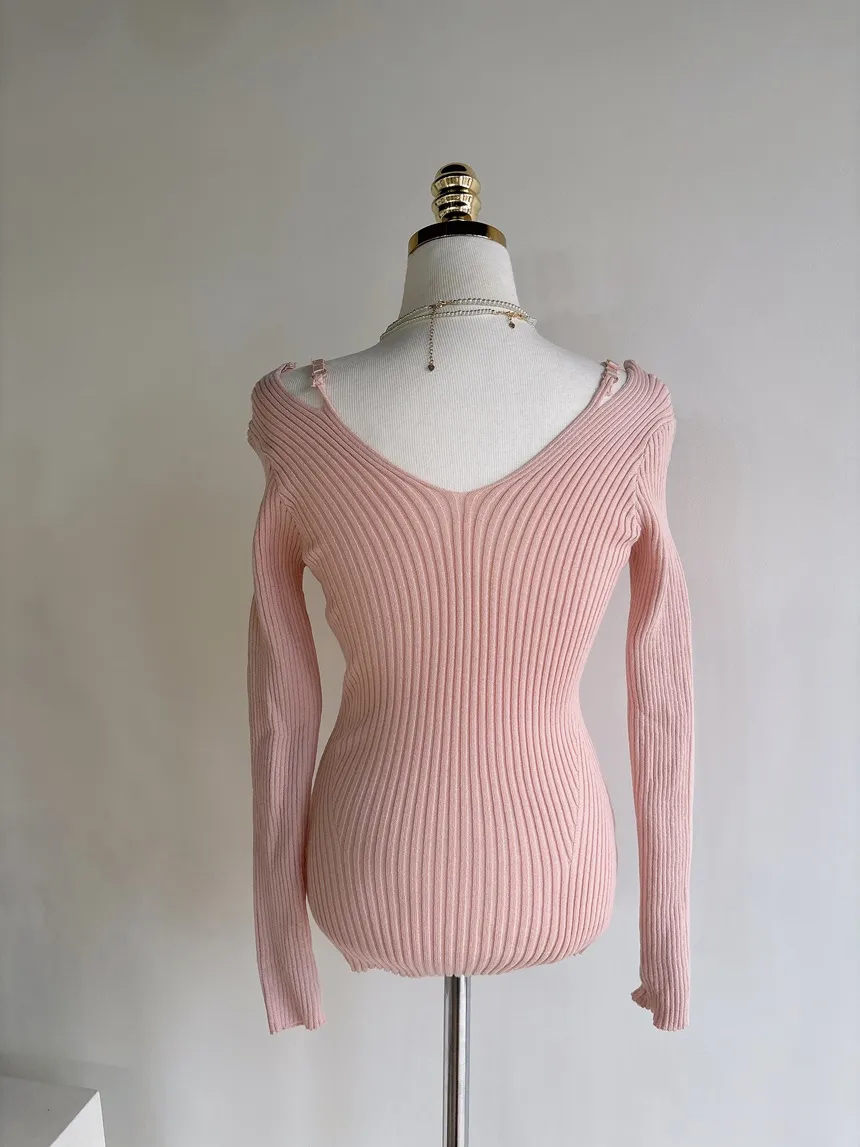 リブオフショルダーストラップ長袖Vネックニット | mirangmirang | 詳細画像44