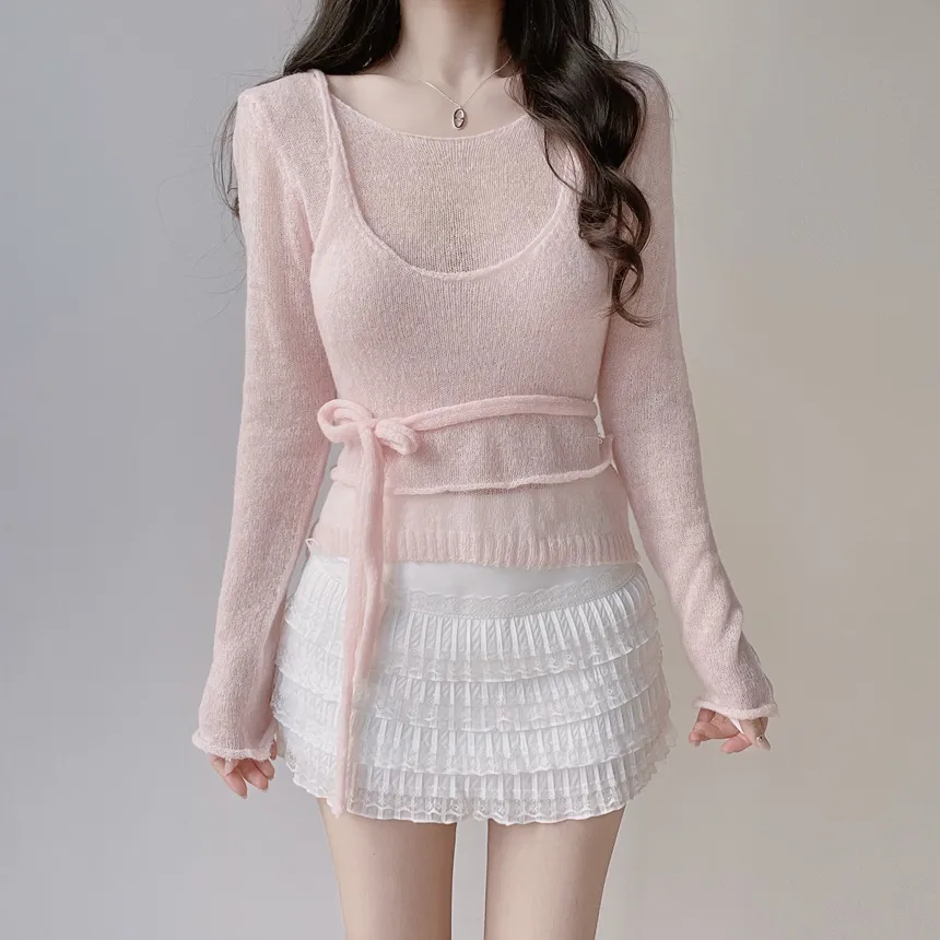 シースルーレイヤード風ストラップ長袖ニット | mirangmirang | 詳細画像3