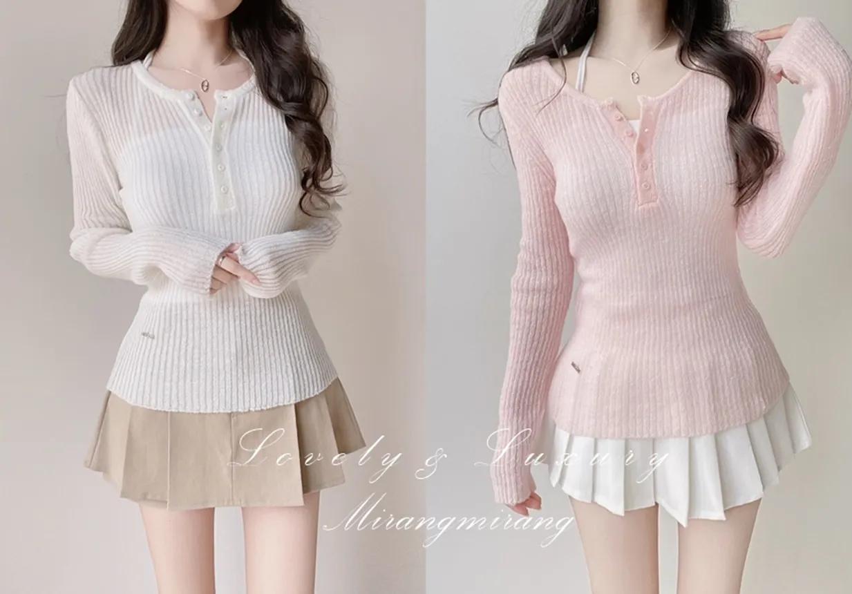 リブヘンリーネック長袖スリムペンダントニット | mirangmirang | 詳細画像1