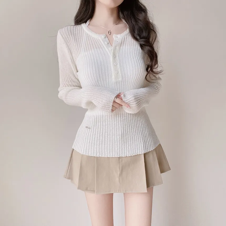 リブヘンリーネック長袖スリムペンダントニット | mirangmirang | 詳細画像2