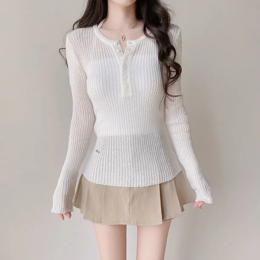 リブヘンリーネック長袖スリムペンダントニット | mirangmirang | 詳細画像3