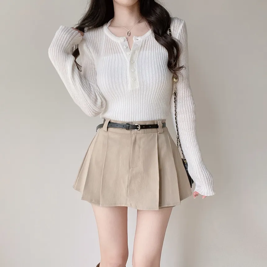 リブヘンリーネック長袖スリムペンダントニット | mirangmirang | 詳細画像6