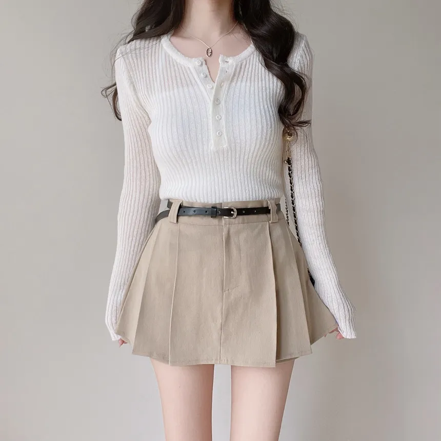 リブヘンリーネック長袖スリムペンダントニット | mirangmirang | 詳細画像8