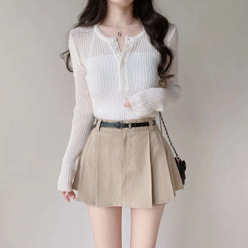 リブヘンリーネック長袖スリムペンダントニット | mirangmirang | 詳細画像9