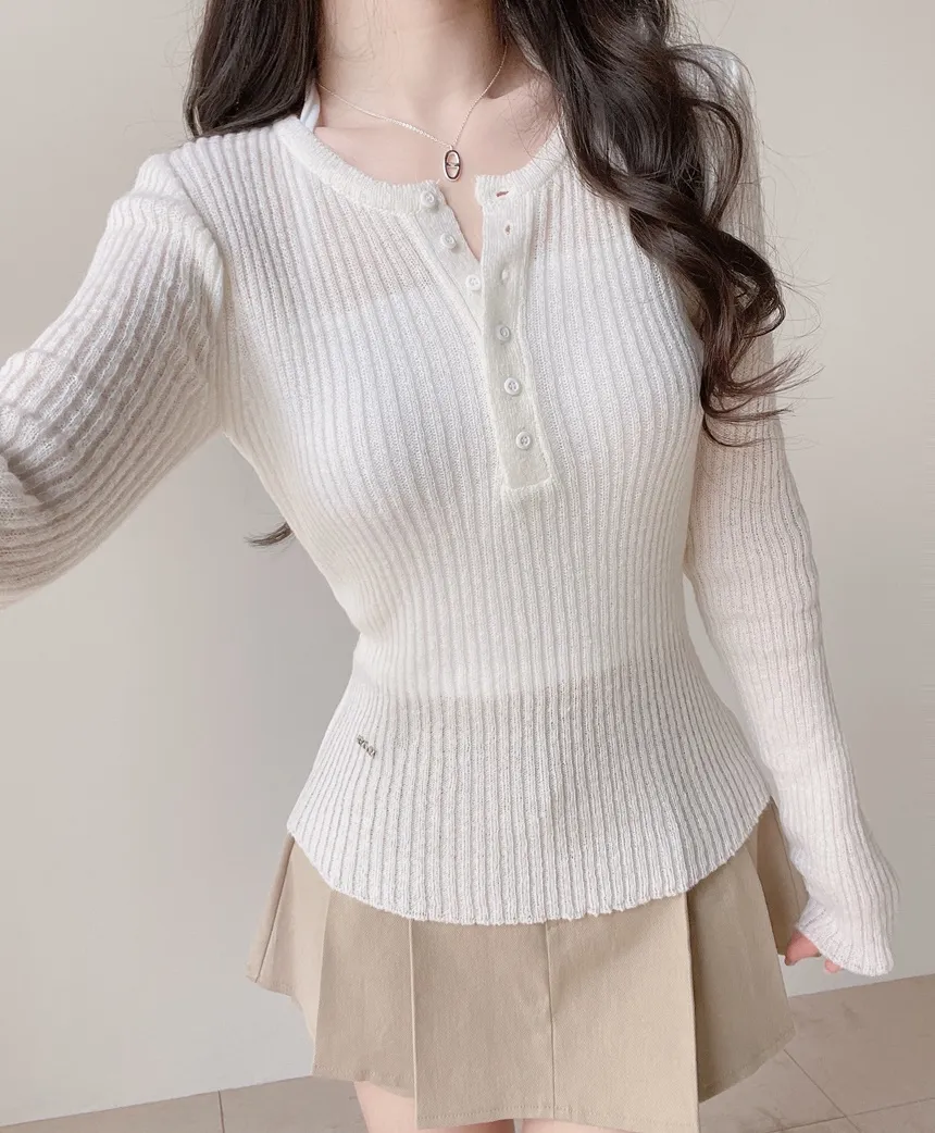 リブヘンリーネック長袖スリムペンダントニット | mirangmirang | 詳細画像10