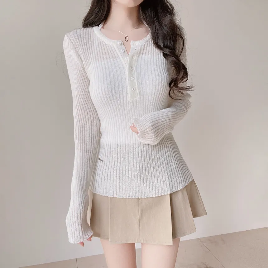 リブヘンリーネック長袖スリムペンダントニット | mirangmirang | 詳細画像11