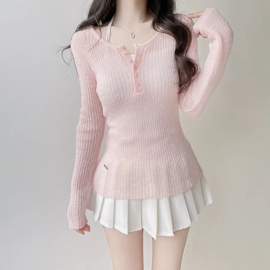 リブヘンリーネック長袖スリムペンダントニット | mirangmirang | 詳細画像12