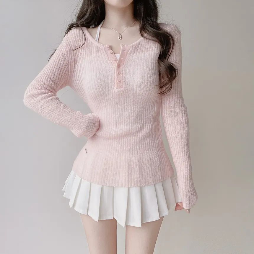 リブヘンリーネック長袖スリムペンダントニット | mirangmirang | 詳細画像14