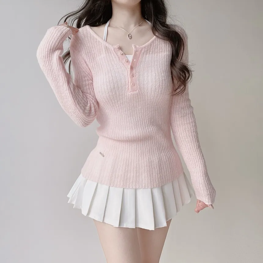 リブヘンリーネック長袖スリムペンダントニット | mirangmirang | 詳細画像15