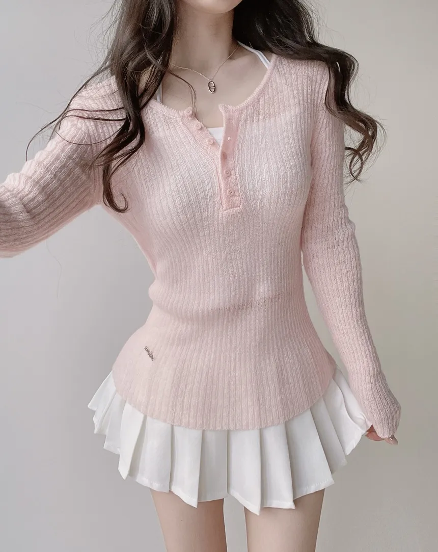 リブヘンリーネック長袖スリムペンダントニット | mirangmirang | 詳細画像16