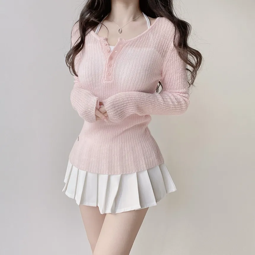 リブヘンリーネック長袖スリムペンダントニット | mirangmirang | 詳細画像17