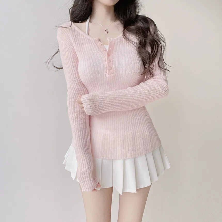 リブヘンリーネック長袖スリムペンダントニット | mirangmirang | 詳細画像18