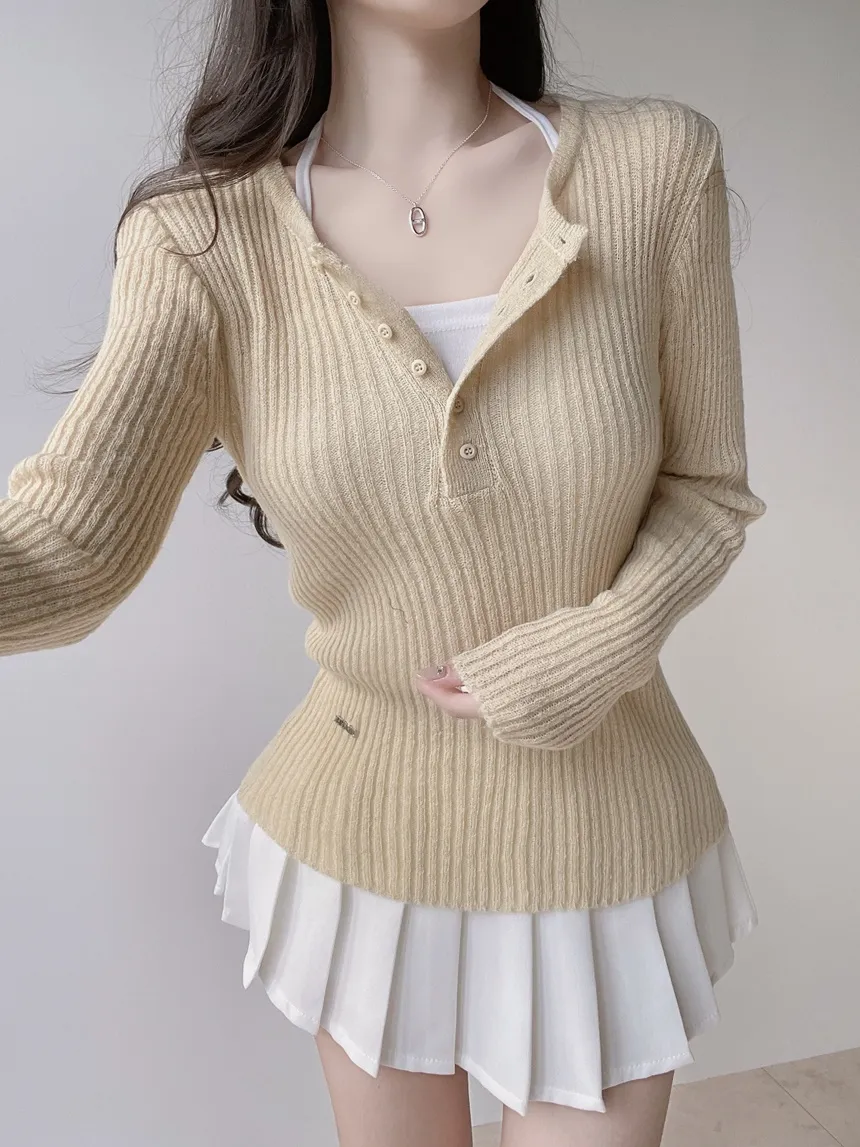 リブヘンリーネック長袖スリムペンダントニット | mirangmirang | 詳細画像19