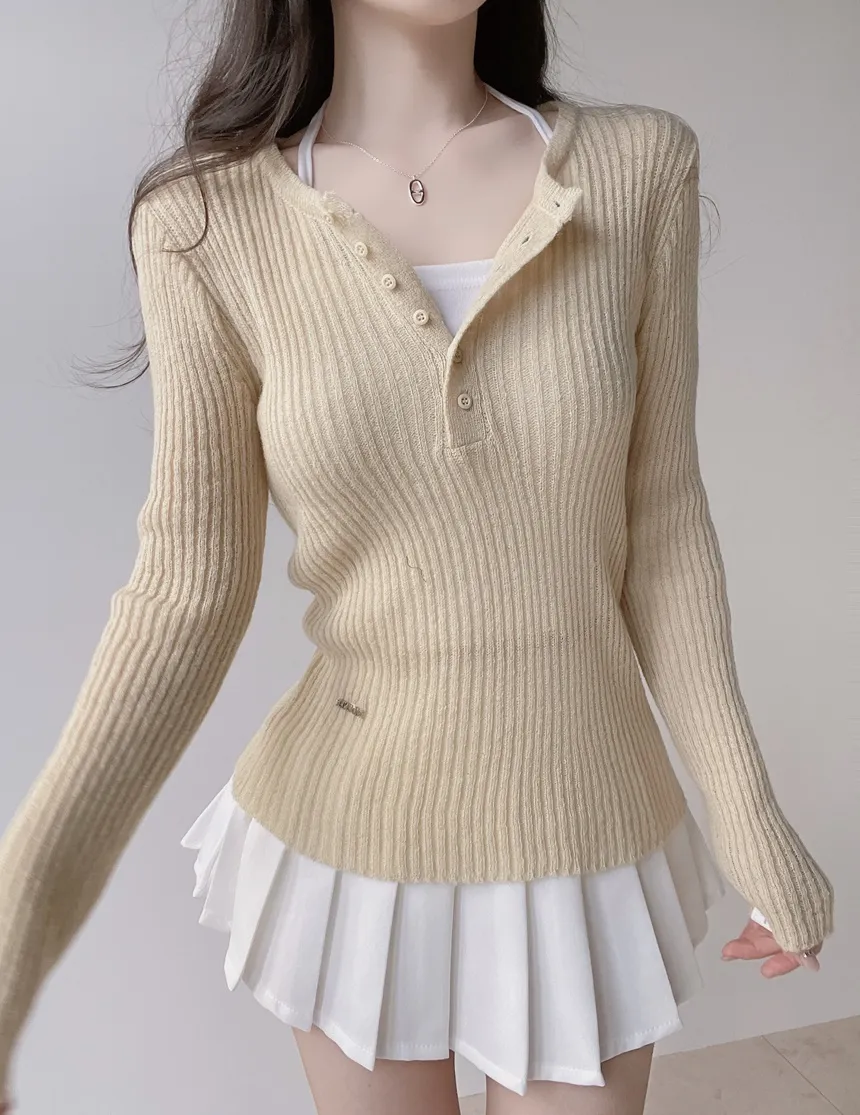 リブヘンリーネック長袖スリムペンダントニット | mirangmirang | 詳細画像20