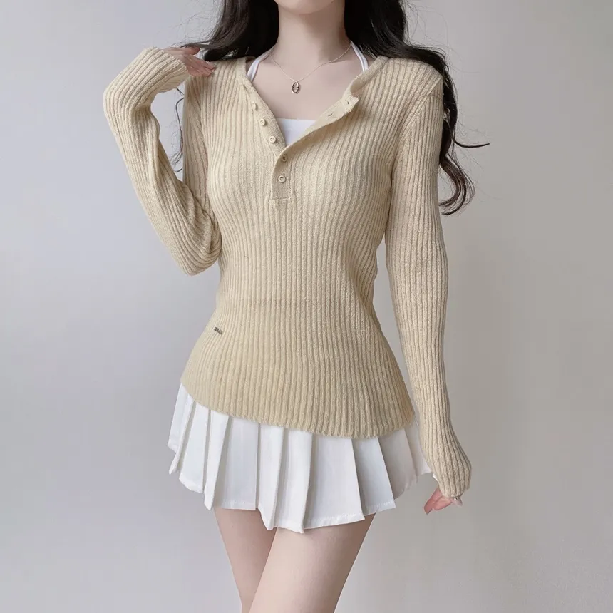 リブヘンリーネック長袖スリムペンダントニット | mirangmirang | 詳細画像21