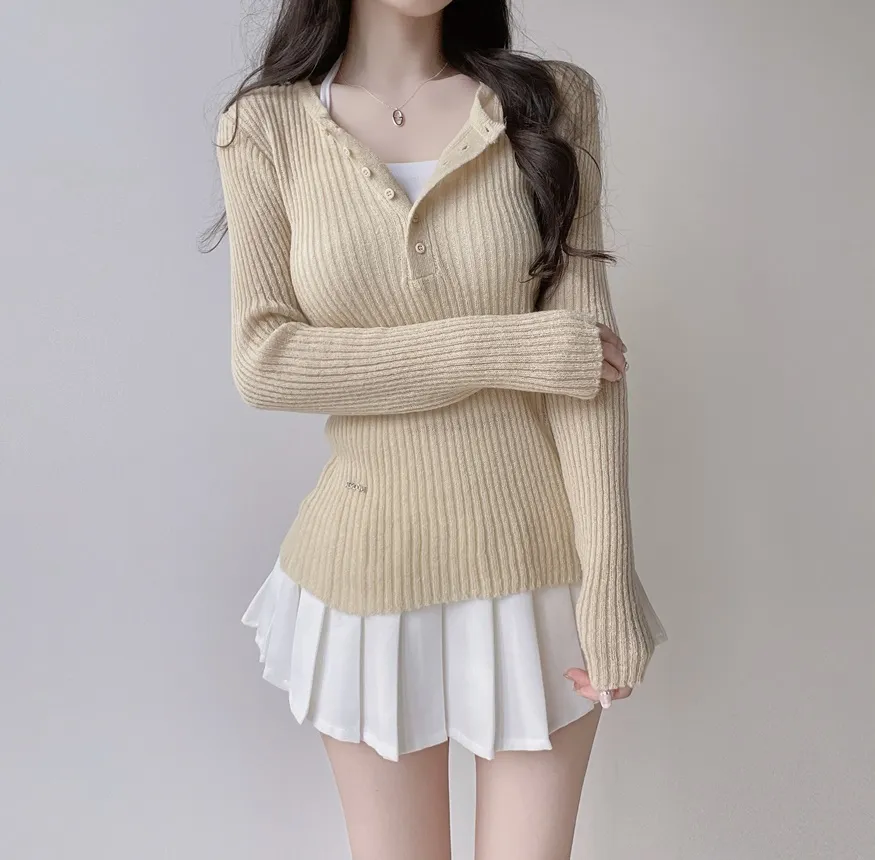 リブヘンリーネック長袖スリムペンダントニット | mirangmirang | 詳細画像22