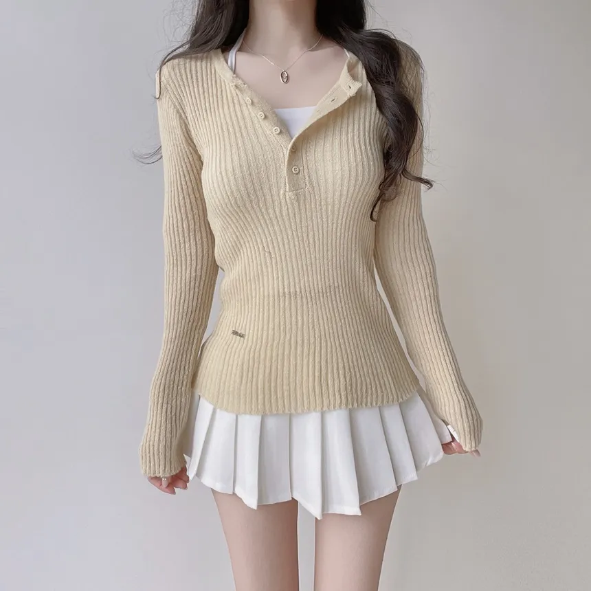 リブヘンリーネック長袖スリムペンダントニット | mirangmirang | 詳細画像23