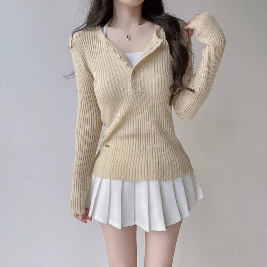 リブヘンリーネック長袖スリムペンダントニット | mirangmirang | 詳細画像24