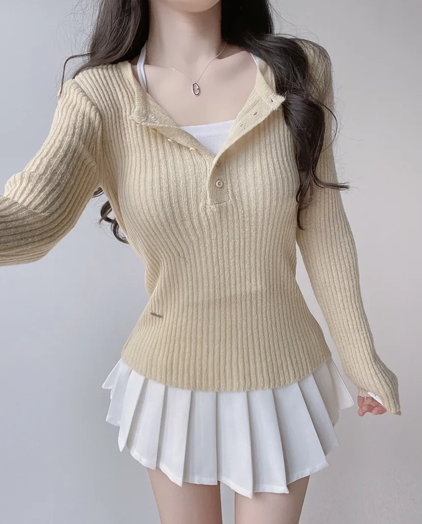 リブヘンリーネック長袖スリムペンダントニット | mirangmirang | 詳細画像26