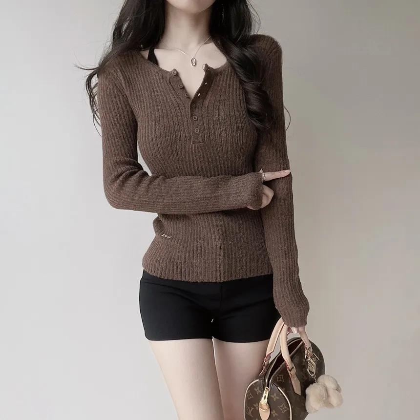 リブヘンリーネック長袖スリムペンダントニット | mirangmirang | 詳細画像28