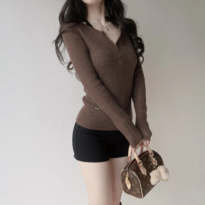 リブヘンリーネック長袖スリムペンダントニット | mirangmirang | 詳細画像29