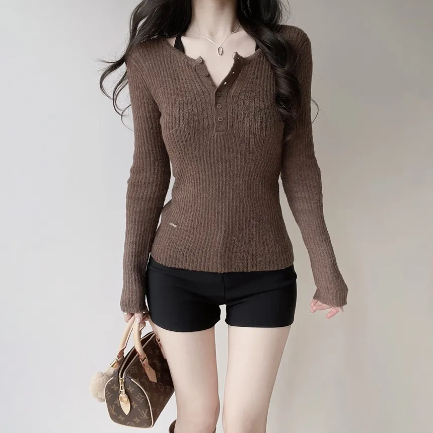 リブヘンリーネック長袖スリムペンダントニット | mirangmirang | 詳細画像30