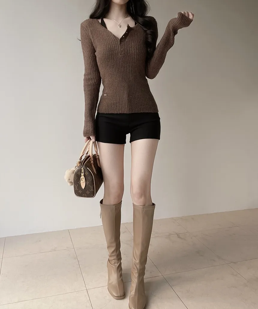 リブヘンリーネック長袖スリムペンダントニット | mirangmirang | 詳細画像32