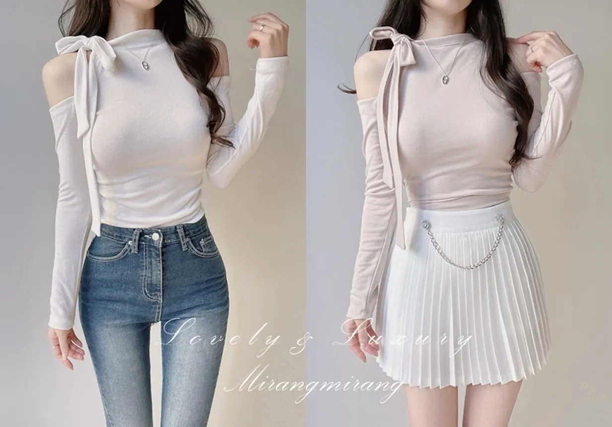 ホルターネックオープンショルダー長袖リボンTシャツ | mirangmirang | 詳細画像1