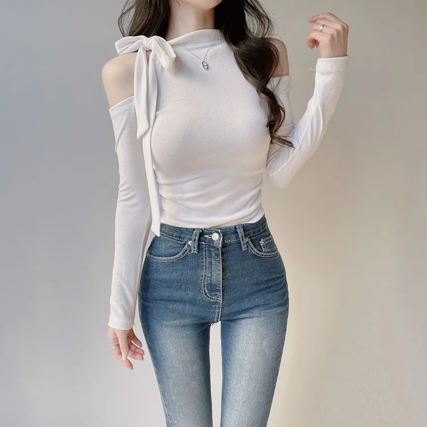 ホルターネックオープンショルダー長袖リボンTシャツ | mirangmirang | 詳細画像2