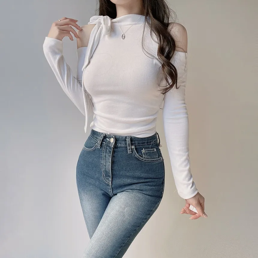 ホルターネックオープンショルダー長袖リボンTシャツ | mirangmirang | 詳細画像5