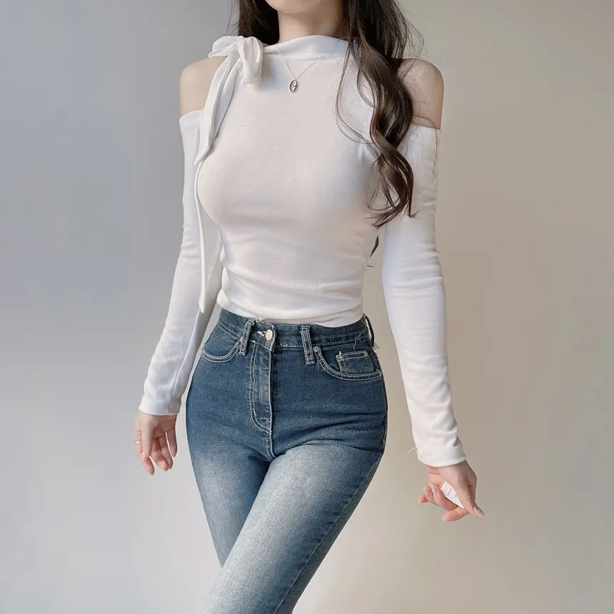 ホルターネックオープンショルダー長袖リボンTシャツ | mirangmirang | 詳細画像6