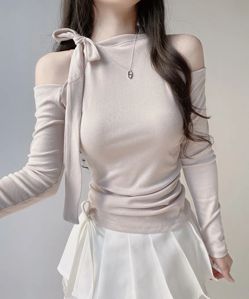 ホルターネックオープンショルダー長袖リボンTシャツ | mirangmirang | 詳細画像14