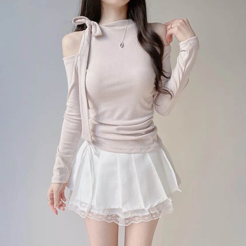 ホルターネックオープンショルダー長袖リボンTシャツ | mirangmirang | 詳細画像16