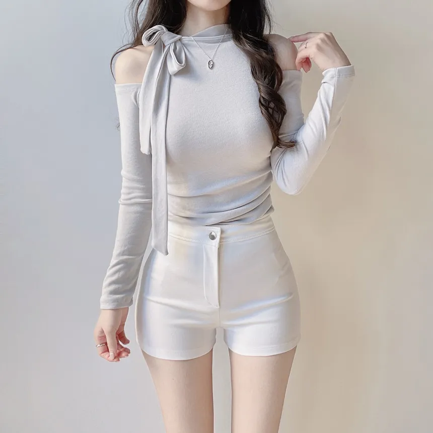 ホルターネックオープンショルダー長袖リボンTシャツ | mirangmirang | 詳細画像22