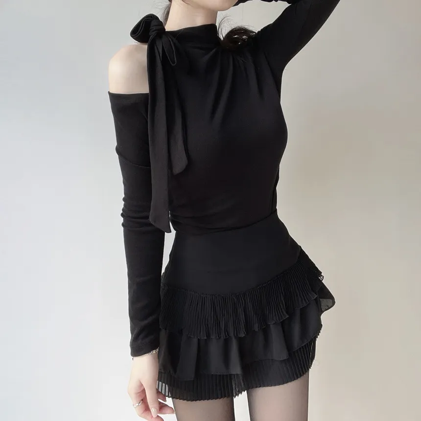 ホルターネックオープンショルダー長袖リボンTシャツ | mirangmirang | 詳細画像28