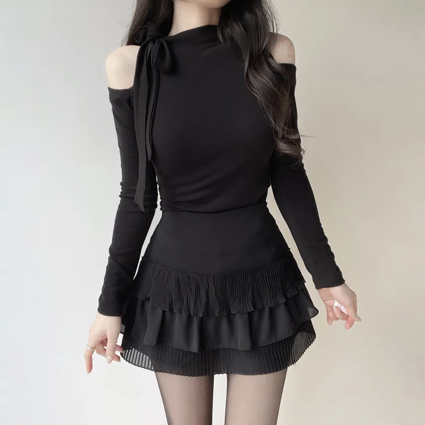 ホルターネックオープンショルダー長袖リボンTシャツ | mirangmirang | 詳細画像29