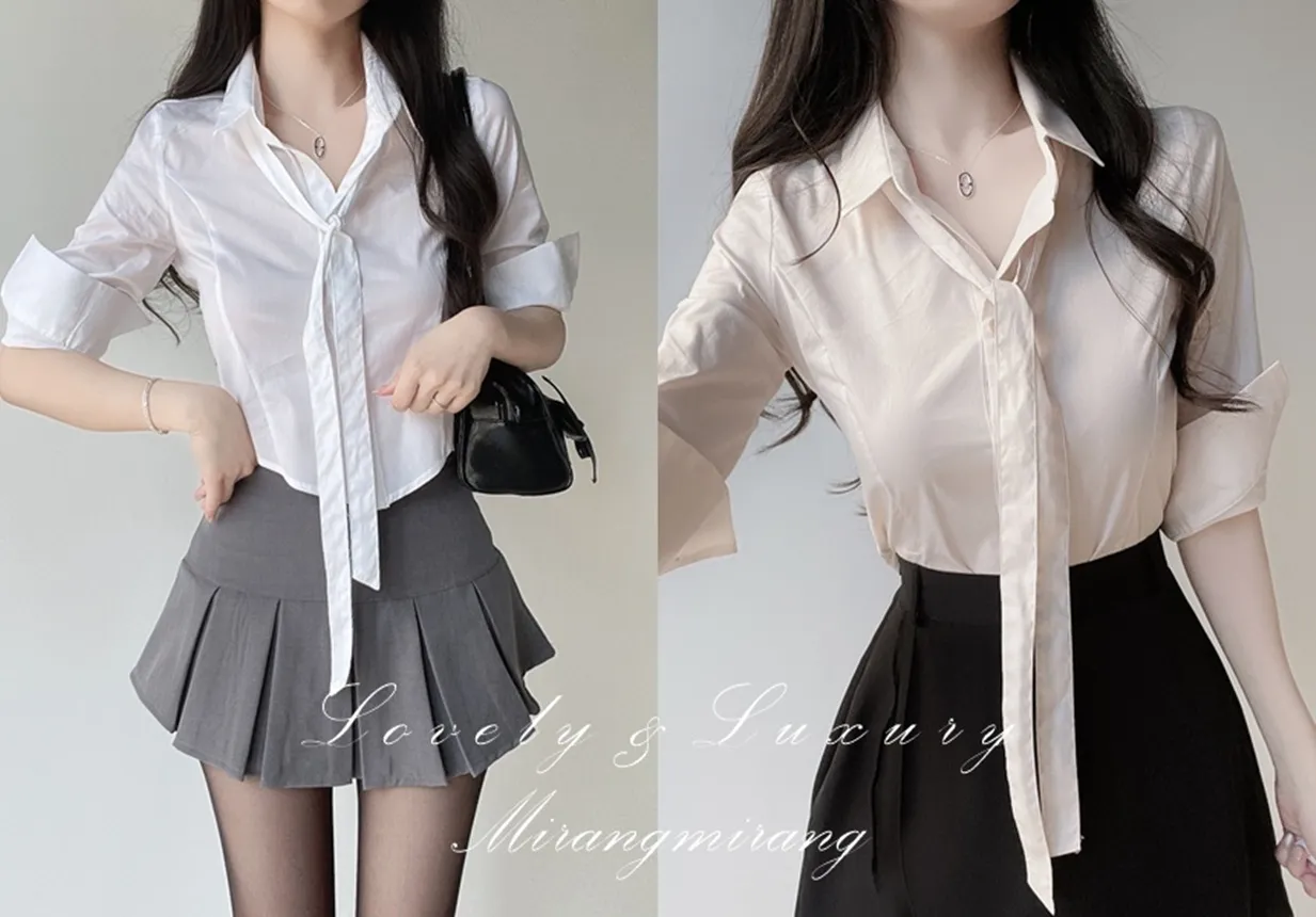 クロップドカラー7分袖シャツストラップ付 | mirangmirang | 詳細画像1