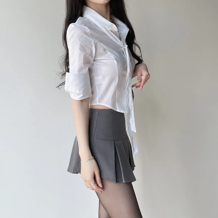 クロップドカラー7分袖シャツストラップ付 | mirangmirang | 詳細画像3