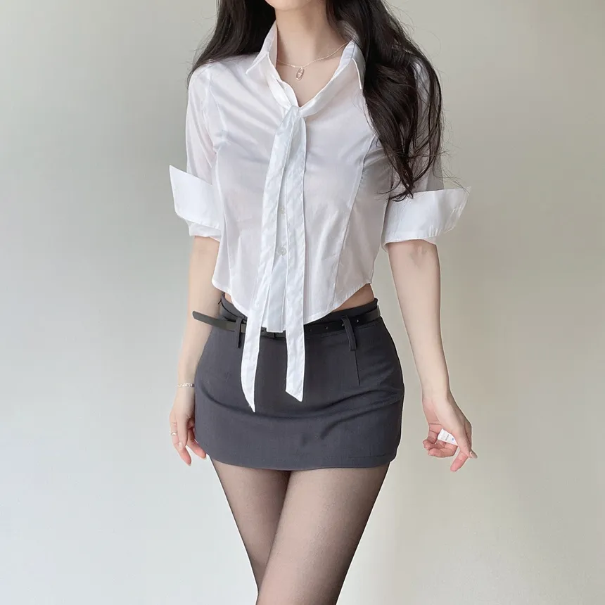 クロップドカラー7分袖シャツストラップ付 | mirangmirang | 詳細画像19